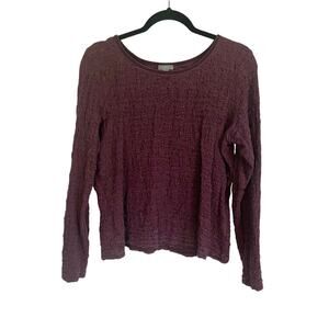 J Jill Eggplant Crinkly Long Sleeve Shirt Velvet Neckline Petite Size Large